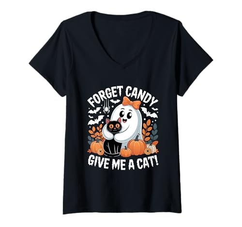Damen Ghost Holding Black Cat Halloween Vergiss Süßigkeiten Gib Mir eine Katze T-Shirt mit V-Ausschnitt von Forget Candy Give Me A Cat Ghost Holding Black Cat