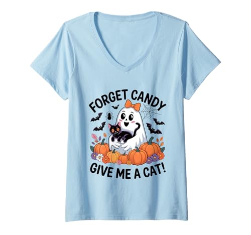 Damen Ghost Holding Black Cat Halloween Vergiss Süßigkeiten Gib Mir eine Katze T-Shirt mit V-Ausschnitt Damen Ghost Holding Black Cat Halloween Vergiss Süßigkeiten Gib Mir eine Katze T-Shirt mit V-Ausschnitt von Forget Candy Give Me A Cat Ghost Holding Black Cat