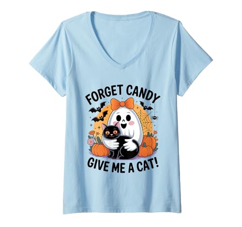 Damen Ghost Holding Black Cat Halloween Vergiss Süßigkeiten Gib Mir eine Katze T-Shirt mit V-Ausschnitt Damen Ghost Holding Black Cat Halloween Vergiss Süßigkeiten Gib Mir eine Katze T-Shirt mit V-Ausschnitt von Forget Candy Give Me A Cat Ghost Holding Black Cat