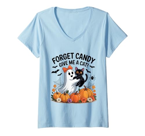 Damen Ghost Holding Black Cat Halloween Vergiss Süßigkeiten Gib Mir eine Katze T-Shirt mit V-Ausschnitt von Forget Candy Give Me A Cat Ghost Holding Black Cat