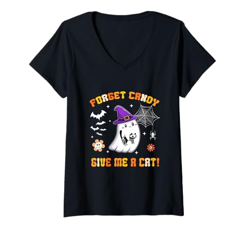 Damen Ghost Holding Black Cat Vergiss Süßigkeiten Gib Mir eine Katze Groovy T-Shirt mit V-Ausschnitt Damen Ghost Holding Black Cat Vergiss Süßigkeiten Gib Mir eine Katze Groovy T-Shirt mit V-Ausschnitt von Forget Candy Give Me A Cat Ghost Holding Black Cat