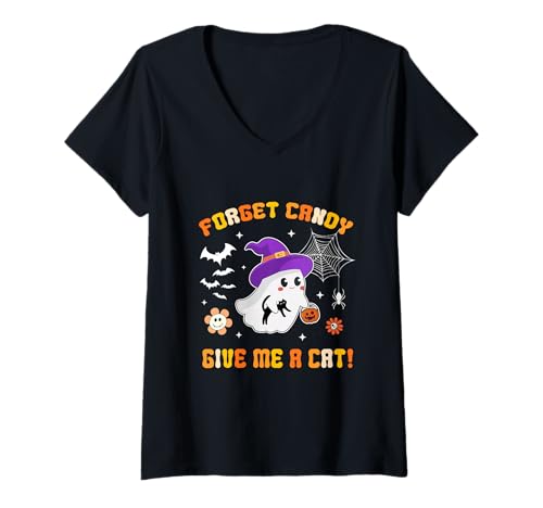 Damen Ghost Holding Black Cat Vergiss Süßigkeiten Gib Mir eine Katze Groovy T-Shirt mit V-Ausschnitt Damen Ghost Holding Black Cat Vergiss Süßigkeiten Gib Mir eine Katze Groovy T-Shirt mit V-Ausschnitt von Forget Candy Give Me A Cat Ghost Holding Black Cat