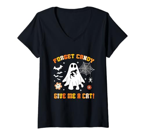 Damen Ghost Holding Black Cat Vergiss Süßigkeiten Gib Mir eine Katze Groovy T-Shirt mit V-Ausschnitt Damen Ghost Holding Black Cat Vergiss Süßigkeiten Gib Mir eine Katze Groovy T-Shirt mit V-Ausschnitt von Forget Candy Give Me A Cat Ghost Holding Black Cat