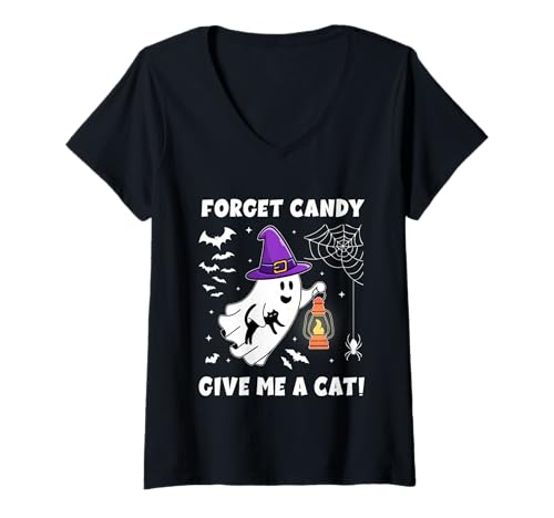 Damen Groovy Vergiss Candy Gib Mir einen Katzengeist, der eine Schwarze Katze hält T-Shirt mit V-Ausschnitt Damen Groovy Vergiss Candy Gib Mir einen Katzengeist, der eine Schwarze Katze hält T-Shirt mit V-Ausschnitt von Forget Candy Give Me A Cat Ghost Holding Black Cat