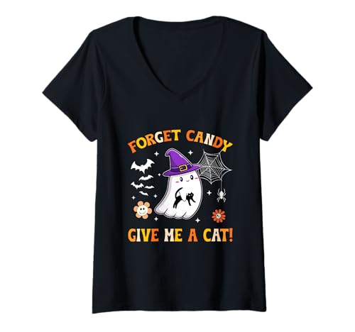 Damen Groovy Vergiss Candy Gib Mir einen Katzengeist, der eine Schwarze Katze hält T-Shirt mit V-Ausschnitt Damen Groovy Vergiss Candy Gib Mir einen Katzengeist, der eine Schwarze Katze hält T-Shirt mit V-Ausschnitt von Forget Candy Give Me A Cat Ghost Holding Black Cat
