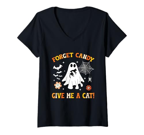 Damen Groovy Vergiss Candy Gib Mir einen Katzengeist, der eine Schwarze Katze hält T-Shirt mit V-Ausschnitt Damen Groovy Vergiss Candy Gib Mir einen Katzengeist, der eine Schwarze Katze hält T-Shirt mit V-Ausschnitt von Forget Candy Give Me A Cat Ghost Holding Black Cat