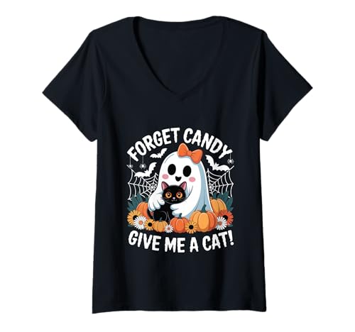 Damen Halloween-Geist hält Schwarze Katze Vergiss Süßigkeiten Gib Mir eine Katze T-Shirt mit V-Ausschnitt Damen Halloween-Geist hält Schwarze Katze Vergiss Süßigkeiten Gib Mir eine Katze T-Shirt mit V-Ausschnitt von Forget Candy Give Me A Cat Ghost Holding Black Cat