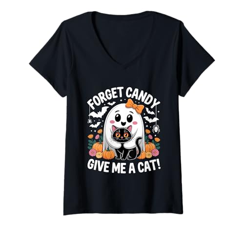 Damen Halloween-Geist hält Schwarze Katze Vergiss Süßigkeiten Gib Mir eine Katze T-Shirt mit V-Ausschnitt Damen Halloween-Geist hält Schwarze Katze Vergiss Süßigkeiten Gib Mir eine Katze T-Shirt mit V-Ausschnitt von Forget Candy Give Me A Cat Ghost Holding Black Cat