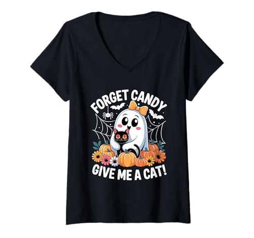 Damen Halloween-Geist hält Schwarze Katze Vergiss Süßigkeiten Gib Mir eine Katze T-Shirt mit V-Ausschnitt Damen Halloween-Geist hält Schwarze Katze Vergiss Süßigkeiten Gib Mir eine Katze T-Shirt mit V-Ausschnitt von Forget Candy Give Me A Cat Ghost Holding Black Cat