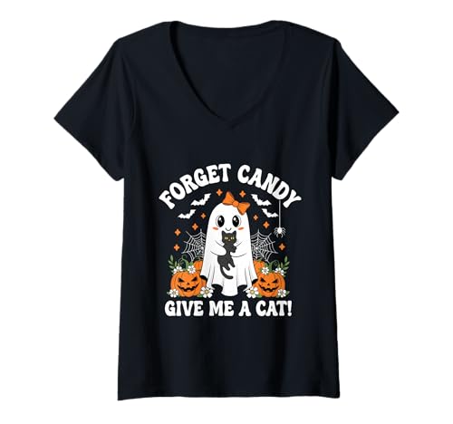 Damen Halloween-Geist hält Schwarze Katze Vergiss Süßigkeiten Gib Mir eine Katze T-Shirt mit V-Ausschnitt Damen Halloween-Geist hält Schwarze Katze Vergiss Süßigkeiten Gib Mir eine Katze T-Shirt mit V-Ausschnitt von Forget Candy Give Me A Cat Ghost Holding Black Cat