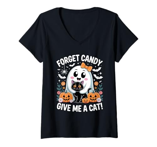 Damen Halloween-Geist hält Schwarze Katze Vergiss Süßigkeiten Gib Mir eine Katze T-Shirt mit V-Ausschnitt Damen Halloween-Geist hält Schwarze Katze Vergiss Süßigkeiten Gib Mir eine Katze T-Shirt mit V-Ausschnitt von Forget Candy Give Me A Cat Ghost Holding Black Cat
