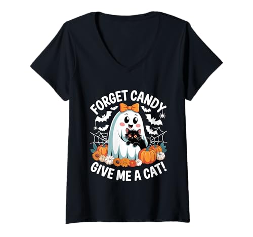 Damen Halloween-Geist hält Schwarze Katze Vergiss Süßigkeiten Gib Mir eine Katze T-Shirt mit V-Ausschnitt Damen Halloween-Geist hält Schwarze Katze Vergiss Süßigkeiten Gib Mir eine Katze T-Shirt mit V-Ausschnitt von Forget Candy Give Me A Cat Ghost Holding Black Cat