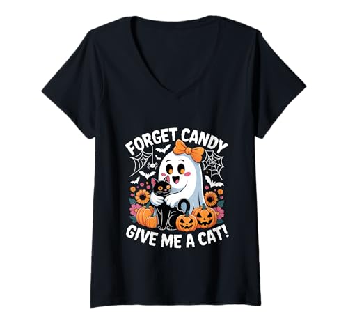 Damen Halloween-Geist hält Schwarze Katze Vergiss Süßigkeiten Gib Mir eine Katze T-Shirt mit V-Ausschnitt Damen Halloween-Geist hält Schwarze Katze Vergiss Süßigkeiten Gib Mir eine Katze T-Shirt mit V-Ausschnitt von Forget Candy Give Me A Cat Ghost Holding Black Cat
