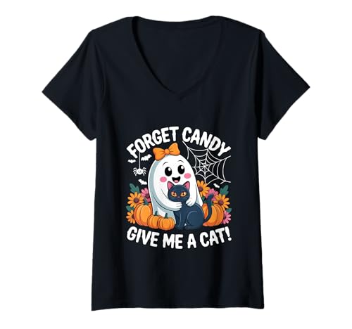 Damen Halloween-Geist hält Schwarze Katze Vergiss Süßigkeiten Gib Mir eine Katze T-Shirt mit V-Ausschnitt Damen Halloween-Geist hält Schwarze Katze Vergiss Süßigkeiten Gib Mir eine Katze T-Shirt mit V-Ausschnitt von Forget Candy Give Me A Cat Ghost Holding Black Cat