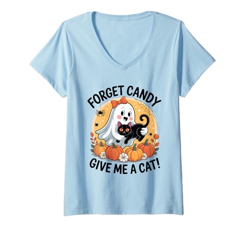 Damen Halloween-Geist hält Schwarze Katze Vergiss Süßigkeiten Gib Mir eine Katze T-Shirt mit V-Ausschnitt von Forget Candy Give Me A Cat Ghost Holding Black Cat