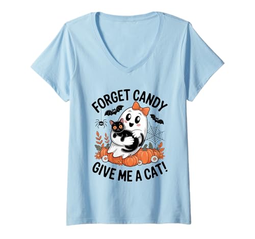 Damen Halloween-Geist hält Schwarze Katze Vergiss Süßigkeiten Gib Mir eine Katze T-Shirt mit V-Ausschnitt Damen Halloween-Geist hält Schwarze Katze Vergiss Süßigkeiten Gib Mir eine Katze T-Shirt mit V-Ausschnitt von Forget Candy Give Me A Cat Ghost Holding Black Cat