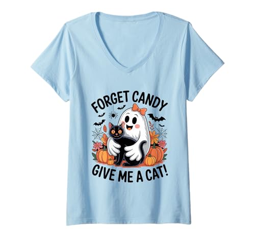 Damen Halloween-Geist hält Schwarze Katze Vergiss Süßigkeiten Gib Mir eine Katze T-Shirt mit V-Ausschnitt Damen Halloween-Geist hält Schwarze Katze Vergiss Süßigkeiten Gib Mir eine Katze T-Shirt mit V-Ausschnitt von Forget Candy Give Me A Cat Ghost Holding Black Cat