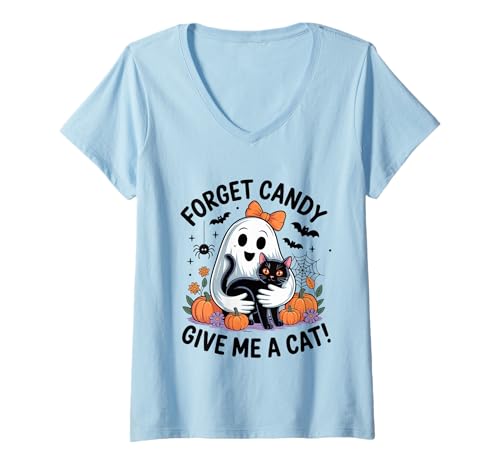 Damen Halloween-Geist hält Schwarze Katze Vergiss Süßigkeiten Gib Mir eine Katze T-Shirt mit V-Ausschnitt Damen Halloween-Geist hält Schwarze Katze Vergiss Süßigkeiten Gib Mir eine Katze T-Shirt mit V-Ausschnitt von Forget Candy Give Me A Cat Ghost Holding Black Cat