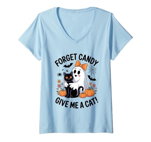 Damen Halloween-Geist hält Schwarze Katze Vergiss Süßigkeiten Gib Mir eine Katze T-Shirt mit V-Ausschnitt Damen Halloween-Geist hält Schwarze Katze Vergiss Süßigkeiten Gib Mir eine Katze T-Shirt mit V-Ausschnitt von Forget Candy Give Me A Cat Ghost Holding Black Cat