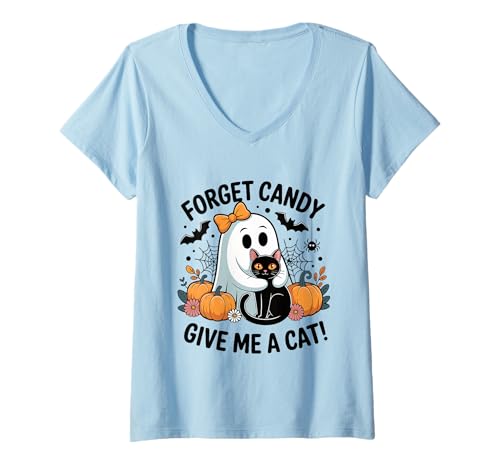 Damen Halloween-Geist hält Schwarze Katze Vergiss Süßigkeiten Gib Mir eine Katze T-Shirt mit V-Ausschnitt Damen Halloween-Geist hält Schwarze Katze Vergiss Süßigkeiten Gib Mir eine Katze T-Shirt mit V-Ausschnitt von Forget Candy Give Me A Cat Ghost Holding Black Cat