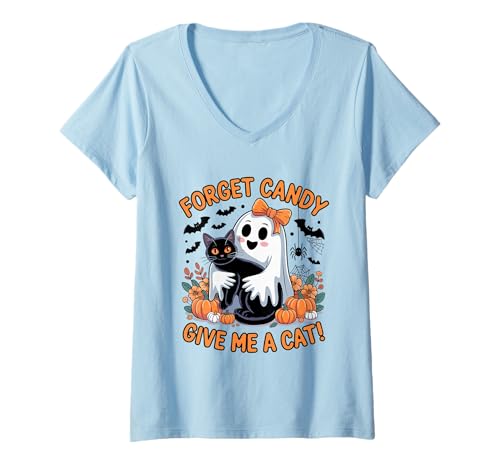 Damen Halloween-Geist hält Schwarze Katze Vergiss Süßigkeiten Gib Mir eine Katze T-Shirt mit V-Ausschnitt Damen Halloween-Geist hält Schwarze Katze Vergiss Süßigkeiten Gib Mir eine Katze T-Shirt mit V-Ausschnitt von Forget Candy Give Me A Cat Ghost Holding Black Cat