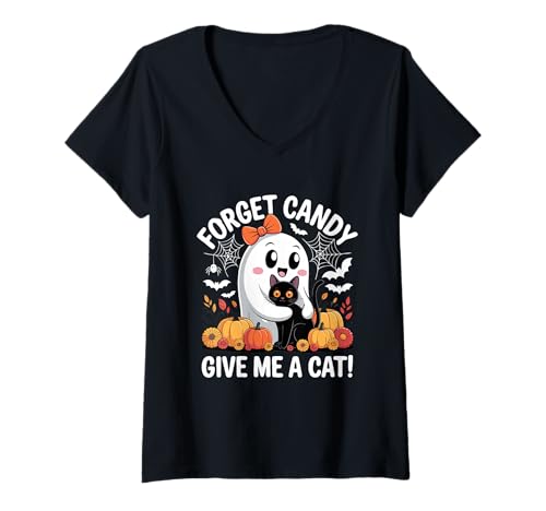 Damen Halloween-Geist hält Schwarze Katze Vergiss Süßigkeiten Gib Mir eine Katze T-Shirt mit V-Ausschnitt Damen Halloween-Geist hält Schwarze Katze Vergiss Süßigkeiten Gib Mir eine Katze T-Shirt mit V-Ausschnitt von Forget Candy Give Me A Cat Ghost Holding Black Cat