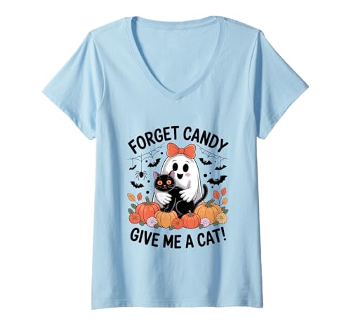 Damen Halloween-Geist hält Schwarze Katze Vergiss Süßigkeiten Gib Mir eine Katze T-Shirt mit V-Ausschnitt Damen Halloween-Geist hält Schwarze Katze Vergiss Süßigkeiten Gib Mir eine Katze T-Shirt mit V-Ausschnitt von Forget Candy Give Me A Cat Ghost Holding Black Cat