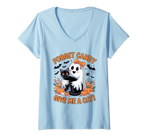 Damen Halloween-Geist hält Schwarze Katze Vergiss Süßigkeiten Gib Mir eine Katze T-Shirt mit V-Ausschnitt Damen Halloween-Geist hält Schwarze Katze Vergiss Süßigkeiten Gib Mir eine Katze T-Shirt mit V-Ausschnitt von Forget Candy Give Me A Cat Ghost Holding Black Cat