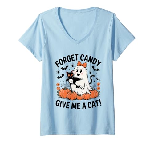Damen Halloween-Geist hält Schwarze Katze Vergiss Süßigkeiten Gib Mir eine Katze T-Shirt mit V-Ausschnitt von Forget Candy Give Me A Cat Ghost Holding Black Cat