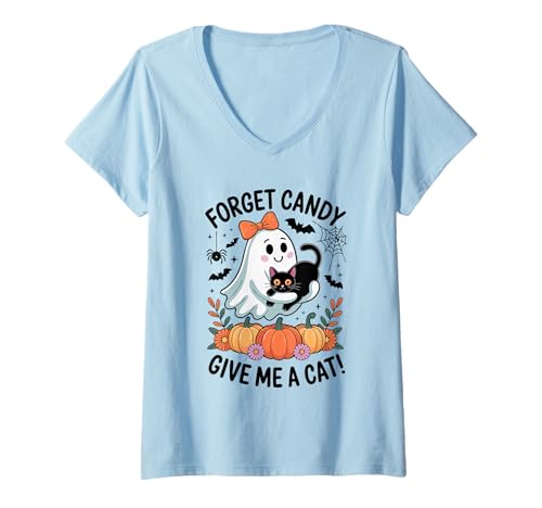 Damen Halloween-Geist hält Schwarze Katze Vergiss Süßigkeiten Gib Mir eine Katze T-Shirt mit V-Ausschnitt Damen Halloween-Geist hält Schwarze Katze Vergiss Süßigkeiten Gib Mir eine Katze T-Shirt mit V-Ausschnitt von Forget Candy Give Me A Cat Ghost Holding Black Cat