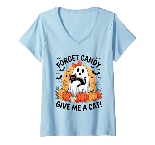 Damen Halloween-Geist hält Schwarze Katze Vergiss Süßigkeiten Gib Mir eine Katze T-Shirt mit V-Ausschnitt Damen Halloween-Geist hält Schwarze Katze Vergiss Süßigkeiten Gib Mir eine Katze T-Shirt mit V-Ausschnitt von Forget Candy Give Me A Cat Ghost Holding Black Cat