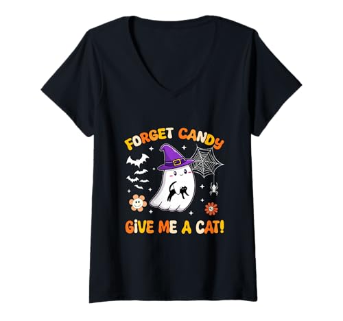 Damen Vergiss Candy Give Me A Cat Ghost Holding Black Cat Groovy T-Shirt mit V-Ausschnitt von Forget Candy Give Me A Cat Ghost Holding Black Cat