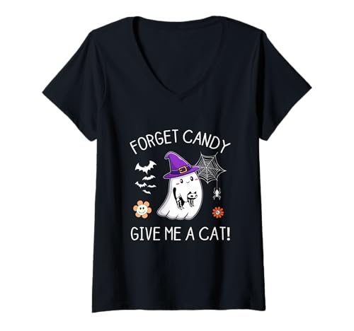 Damen Vergiss Süßigkeiten, gib Mir eine Katze, lustiger Boo-Geist, der eine Schwarze Katze hält T-Shirt mit V-Ausschnitt Damen Vergiss Süßigkeiten, gib Mir eine Katze, lustiger Boo-Geist, der eine Schwarze Katze hält T-Shirt mit V-Ausschnitt von Forget Candy Give Me A Cat Ghost Holding Black Cat