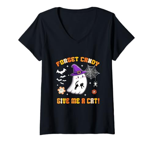 Damen Vergiss Süßigkeiten Gib Mir eine Katze Groovy Ghost hält Schwarze Katze T-Shirt mit V-Ausschnitt von Forget Candy Give Me A Cat Ghost Holding Black Cat