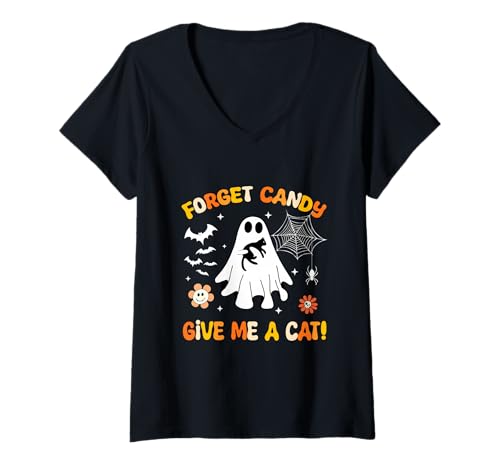 Damen Vergiss Süßigkeiten Gib Mir eine Katze Groovy Ghost hält Schwarze Katze T-Shirt mit V-Ausschnitt von Forget Candy Give Me A Cat Ghost Holding Black Cat