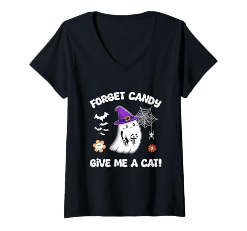 Damen Vergiss Süßigkeiten Gib Mir eine Katze Groovy Ghost hält Schwarze Katze T-Shirt mit V-Ausschnitt von Forget Candy Give Me A Cat Ghost Holding Black Cat