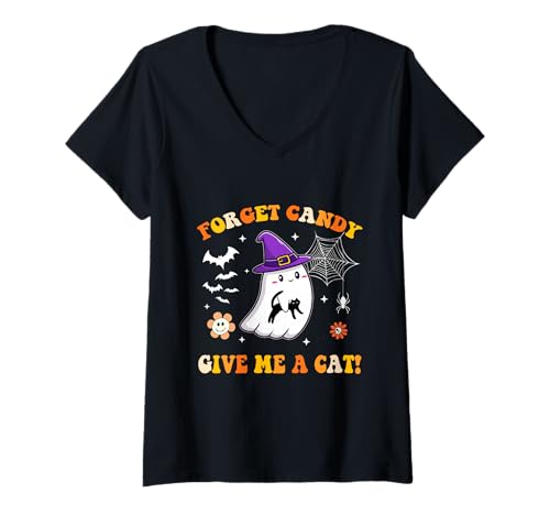 Damen Vergiss Süßigkeiten Gib Mir eine Katze Groovy Ghost hält Schwarze Katze T-Shirt mit V-Ausschnitt von Forget Candy Give Me A Cat Ghost Holding Black Cat