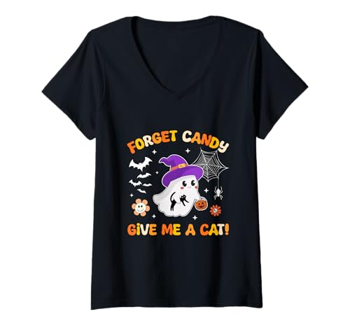 Damen Vergiss Süßigkeiten Gib Mir eine Katze Groovy Ghost hält Schwarze Katze T-Shirt mit V-Ausschnitt von Forget Candy Give Me A Cat Ghost Holding Black Cat