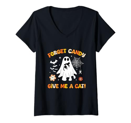 Damen Vergiss Süßigkeiten Gib Mir eine Katze Groovy Ghost hält Schwarze Katze T-Shirt mit V-Ausschnitt von Forget Candy Give Me A Cat Ghost Holding Black Cat