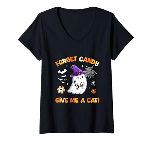 Damen Vergiss Süßigkeiten Gib Mir eine Katze Groovy Ghost hält Schwarze Katze T-Shirt mit V-Ausschnitt von Forget Candy Give Me A Cat Ghost Holding Black Cat