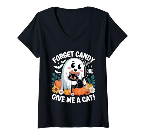 Damen Vergiss Süßigkeiten Gib Mir eine Katze Halloween-Geist hält Schwarze Katze T-Shirt mit V-Ausschnitt von Forget Candy Give Me A Cat Ghost Holding Black Cat