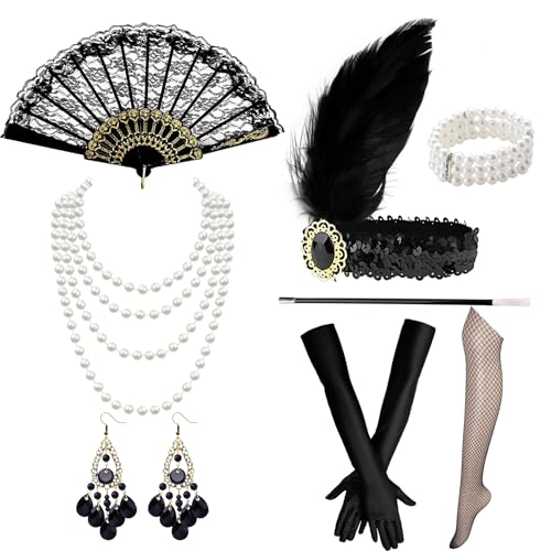 Forhandy 11 Stück 20er Jahre Accessoires, Great Gatsby Accessoires Damen Party Kostüme mit Flapper Stirnband Handschuhen Perlenkette Ohrringen Strümpfe für Fasching Karneval, Halloween, Weihnachten von Forhandy