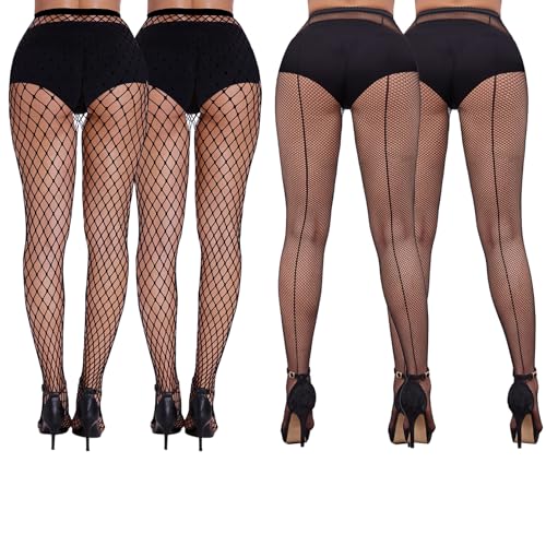 Forhandy 4 Paar Netzstrumpfhosen mit Rücknaht Schwarz Fein-Strumpfhose One Size Fischernetz Strumpfhosen für Damen Hohe Taille Pantyhose für Halloween Party Cosplay von Forhandy