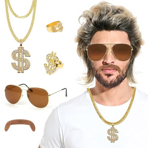 Forhandy 80er Jahre Outfit Set - 6 Stück Herren Vokuhila Perücke, Goldkette, Ringe, Sonnenbrille für Fasching, Halloween, Kostüm Party von Forhandy