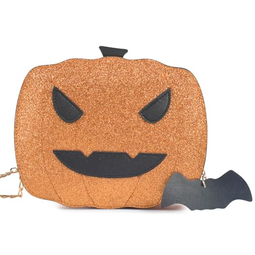 Halloween Umhängetasche, Halloween Crossbody Schultertasche Orange PU Leder Süße Tasche mit Abnehmbarer Kette Kostüm für Cosplay Party Geschenke für Mädchen Damen, Glitzer 20 * 6 * 18cm von Forhome