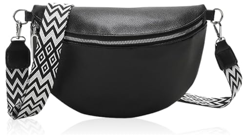 Forhome Damen Bauchtasche - Echtes Leder Crossbody Bag mit Breitem Schultergurt (Schwarz) von Forhome
