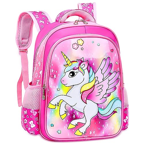 Forhome Kinderrucksack Mädchen und Jungen,Einhorn Rucksack,Schulrucksack Einhorn,Cartoon Druck Schultasche, Mit Brustgurt Und Fächern,Wasserdichter Backpack Rosa,Freizeitrucksack für Lernreisen (L) von Forhome