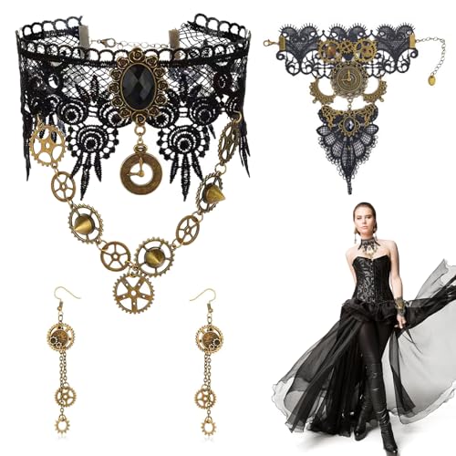 Forhome Steampunk Accessoires 3Pcs Gotisch Choker Halskette Armbänder Schmuck Victorian Steampunk Vintage Halsband Gothic Damen Alskette Spitze Armbänder Steampunk Ohrringe Für Halloween Karneval von Forhome