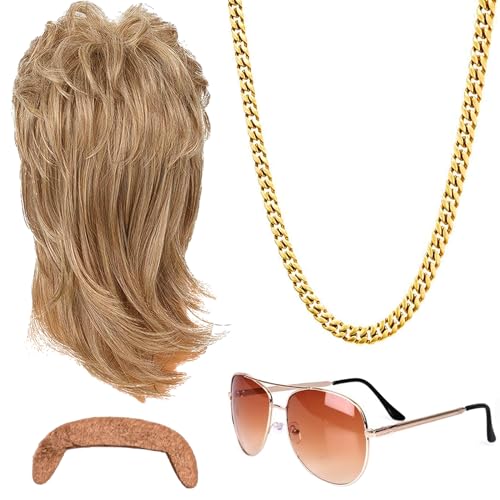 Vokuhila Perücke Herren Forhome 4er Set Herren Perücke 80er 90er Jahre Outfit Accessoires Herren Blond Perücken Wig Sonnenbrille Halskette Für Fasching Cosplay Halloween Kostümfeste Usw von Forhome