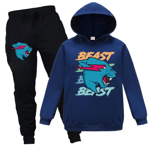 Forlcool Mr Beast Merch Kinder Jungen Mädchen Sport Trainingsanzug Lustige Outfits Bequem Hoodie + Hose Anzüge, marineblau, 134 von Forlcool